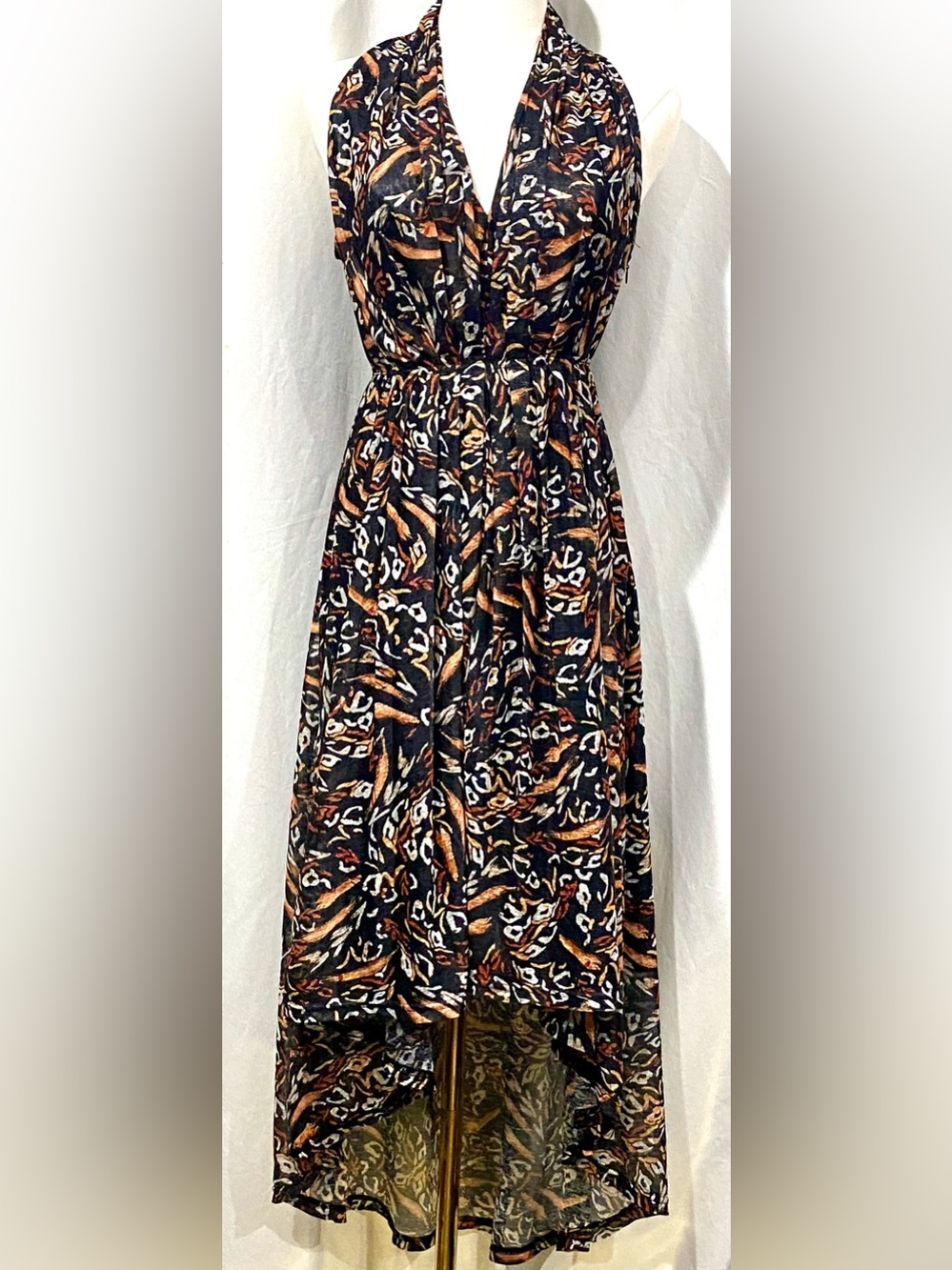 Molly Bracken Black Fauve Dress With Brown and Cream Abstract Print NWT S